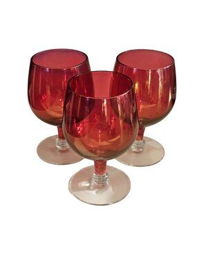 3 Iridescent Ruby Red Brandy Snifter 4" flashed painted vivid colorblock vintage